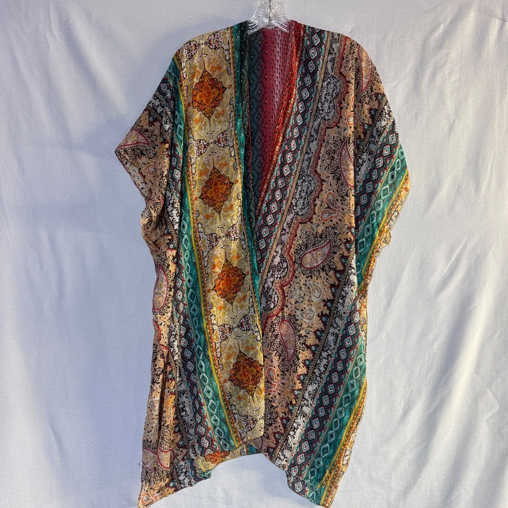 Jessica McClintock Kimono Wrap Womens OS Multi Paisley Rhinestone Boho Festival